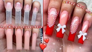 RED WINTER POLYGEL NAILS❤️ POLYGEL APPLICATION amp EASY NAIL ART  Nail Tutorial [upl. by Anaujit986]