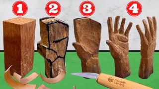 🖐️​ 5 Steps for CARVE a HAND in Wood EASILY Whittling and WOOD CARVING for beginners [upl. by Arrat]