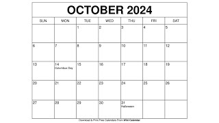 Free Printable October 2024 Calendar Templates With Holidays  Wiki Calendar [upl. by Assened]