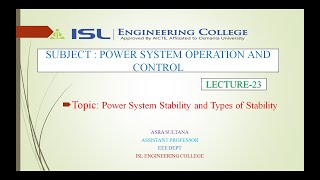 PSOC lecture 23Power system Stability and Types of Stability [upl. by Yekciv842]