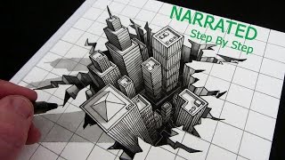 How to Draw a 3D City Optical Illusion Narrated Step by Step [upl. by Kleeman]