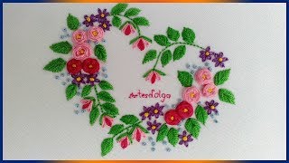 Hand Embroidery Floral Heart Embroidery  Bordado a Mano Corazón Floral  ArtesdOlga [upl. by Assyle]