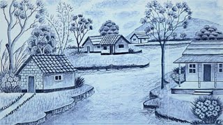 Beautiful Village Landscape Scenery Drawing for Beginners Easy Drawing stepbystep with pencil [upl. by Neiviv]