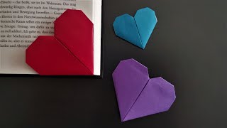 Herz Origami Lesezeichen basteln  How to make a easy heart bookmark corner  DIY [upl. by Lamprey]