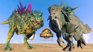 Mortem TREX VS King Titan Alloraptors Giganotosaurus Dinosaur Fight 🦖 Jurassic World Evolution 2 [upl. by Naitsirc]