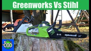 Greenworks 40V Cordless Chainsaw Full Review and Comparison to Stihl MS211 Gas Saw [upl. by Arimay814]