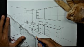 How To Draw Minimalist Kitchen in 2 Point Perspective [upl. by Ahseihs]