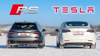 Audi RS4 Quattro VS Tesla Model 3 Performance AWD  Whats BEST on snow ❄️ [upl. by Elleirbag]