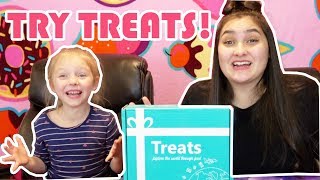 TRY TREATS UNBOXING KIDS trying FOREIGN FOOD The TOYTASTIC Sisters [upl. by Rolph569]