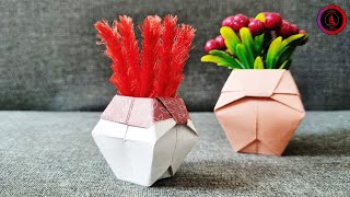 Flower vase  Ribbon Flowers  Origami flower pot  Origami Storage box  Athis Crafty Coop [upl. by Benco464]