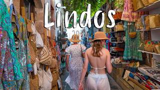 Lindos Rhodes Rodos Greece Beach Old town walking tour 4k vlog 2024 [upl. by Anierdna]