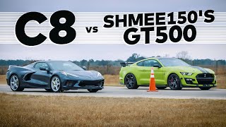 Shmee150s Mustang GT500 vs C8 Corvette  Street Race [upl. by Burman21]