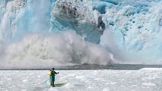 600ft Tall Calving Glacier causes Massive Wave to WIPE OUT BEACH [upl. by Keli387]