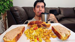 EGGS POTATOES BEEF PORK PATE WITH CHEDDAR CHEESE BREAD BREAKFAST MUKBANG EATING SHOW [upl. by Hutton30]