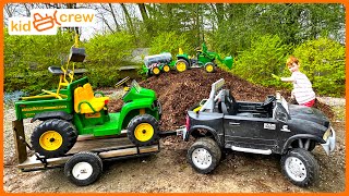 Landscaping mulch and trees with tractor truck digger and water trailer Educational  Kid Crew [upl. by Partan]