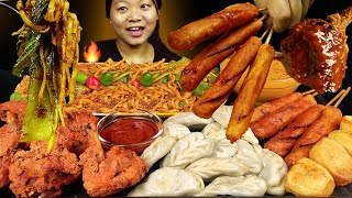 Nepali Street Food Mukbang  Eating Extremely Spicy Keema Noodles Sausages Chicken Lollypop amp MOMO [upl. by Einnek]