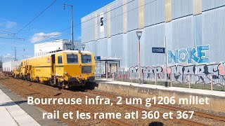 Spot en bretagne225 Bourreuse infra 2 um g1206 millet rail et les rame atl 360 et 367 [upl. by Annonyw]