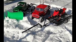 6X6 RC TRUCK SNOW PLOWINGSCX10 AXIAL JEEP amp TRAILER ADVENTURESKEERIDE POLARIS JUMPINGWHEELIES [upl. by Ellessig316]