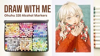 🍒 Draw with me  Marker Art quotWinter girlquot Process  Ohuhu 320 Alcohol Brush Markers Review [upl. by Einwat]