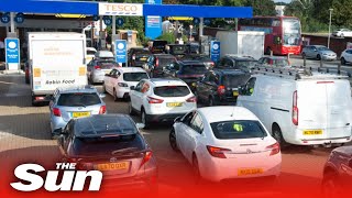 HUGE queues at petrol stations spark panic buying amid fuel shortage fears [upl. by Ancalin]