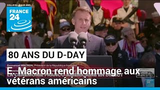 quotVous êtes venus iciquot  Emmanuel Macron rend hommage aux vétérans américains à Collevillesurmer [upl. by Derdlim824]