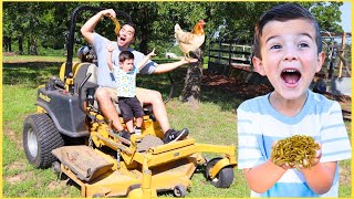 LAWN MOWER BUG HUNT ON THE FARM Play and find REAL BUGS outside on riding lawn mower  Super Krew [upl. by Aydan]