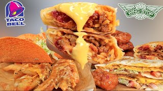 MUKBANG ASMR TACO BELL NEW GRILLED CHEESE FRIES GRILLED CHEESE BURRITO WINGSTOP MANGO HABANERO WINGS [upl. by Gayla]