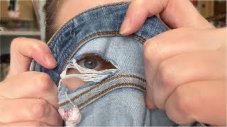 How to patch ripped jeans with fabric  mending my jeans again [upl. by Nesilla]