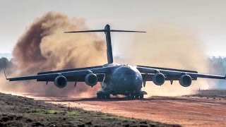 C17 Dirt Airstrip Landing amp Takeoff Unloads AH64 [upl. by Ociredef]