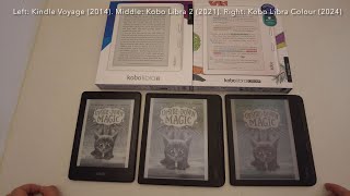 Screen compare of NEW Kobo Libra Colour vs Kobo Libra 2 vs Kindle Voyage in different conditions [upl. by Peih500]