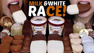 ASMR MILK amp WHITE CHOCOLATE RACE BIG FRESH CREAM MOCHI ICE CREAM DUO BARS FERRERO HEART MACARONS [upl. by Acim407]