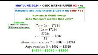 Paper2CSECMATHS616  Parts to Whole Ratio  MayJune 2024  1b [upl. by Brewster225]