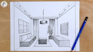 How to drawing in 1point perspective  Interior Design كيف أرسم بالمنظور تصميم داخلي حجرة الجلوس [upl. by Arej]