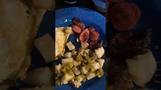 overeasy egg sausage taters low cost money saving breakfast idea eggsovereasy [upl. by Ylrebmyk103]