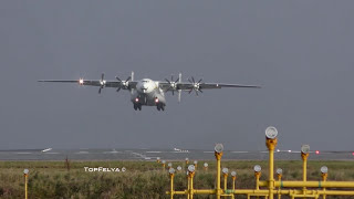 Antonov An22 Crosswind Take Off Words Biggest Turboprop Manchester Airport [upl. by Ynaffyt]