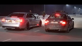 Спецвыпуск Свежепригнанный MB E63 W212 AMG 525сил ПРОТИВ Crown Athlete  BMW E90 335i [upl. by Sirrad]