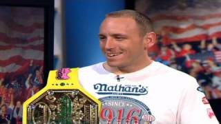 CNN Offical Interview Joey Chestnut talks hot dog strategy with Kiran Chetry [upl. by Alf335]