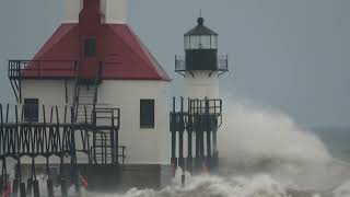 Large Waves Crash Into Michigan Lighthouse [upl. by Suravat902]