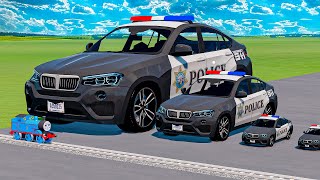 Big amp Small Police Cars Bmw  Police Truck Rescue Cars vs Thomas Trains  BeamNGdrive [upl. by Assirok]