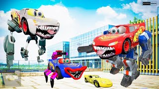 Epic Escape From The Lightning McQueen Steel Giant Robo Eater amp Cyborg Monster vs McQueen Car E087 [upl. by Cuda788]