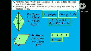 ROMB VA TRAPETSIYANING YUZI 8SINF GEOMETRIYA MASALALARNING YECHIMI [upl. by Monteria]