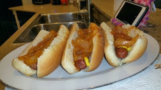 New York Style Onion Sauce Over Sabrett Hot Dogs Recipe [upl. by Nangatrad]