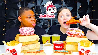 Americans Try Jollibee For The First Time Chickenjoy Yum Burger Jolly Spaghetti [upl. by Froh]