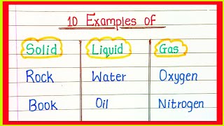 10 Examples of Solids liquids and gases in English  10 Example of Solid liquid and gas [upl. by Idalina]