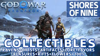 God of War Ragnarok  Shores of Nine All Collectible Locations Chests Artifacts Ravens  100 [upl. by Yruoc]