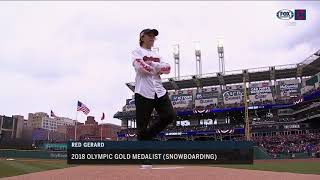 Big Air Red Gerard throws out first pitch at 2018 Indians home opener [upl. by Justino]