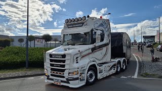 Truckshow Ciney 2024 Departure beautiful showtrucks V8 open pipes sounds [upl. by Sihtnyc]