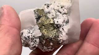 Pyrite and sphalerite on large fluorescent calcites Huanzalla Mine Ancash Peru  25I [upl. by Nyleda]