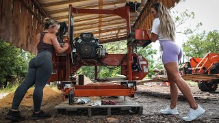 Two Beautiful Blondes Cutting Dimensional Lumber On The Sawmill [upl. by Naggem]