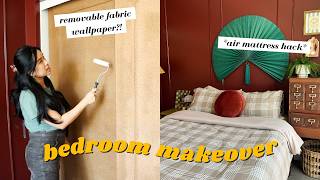 SMALL BEDROOM MAKEOVER  apartment and renterfriendly fabric wallpaper  IKEA hack [upl. by Ardelle562]